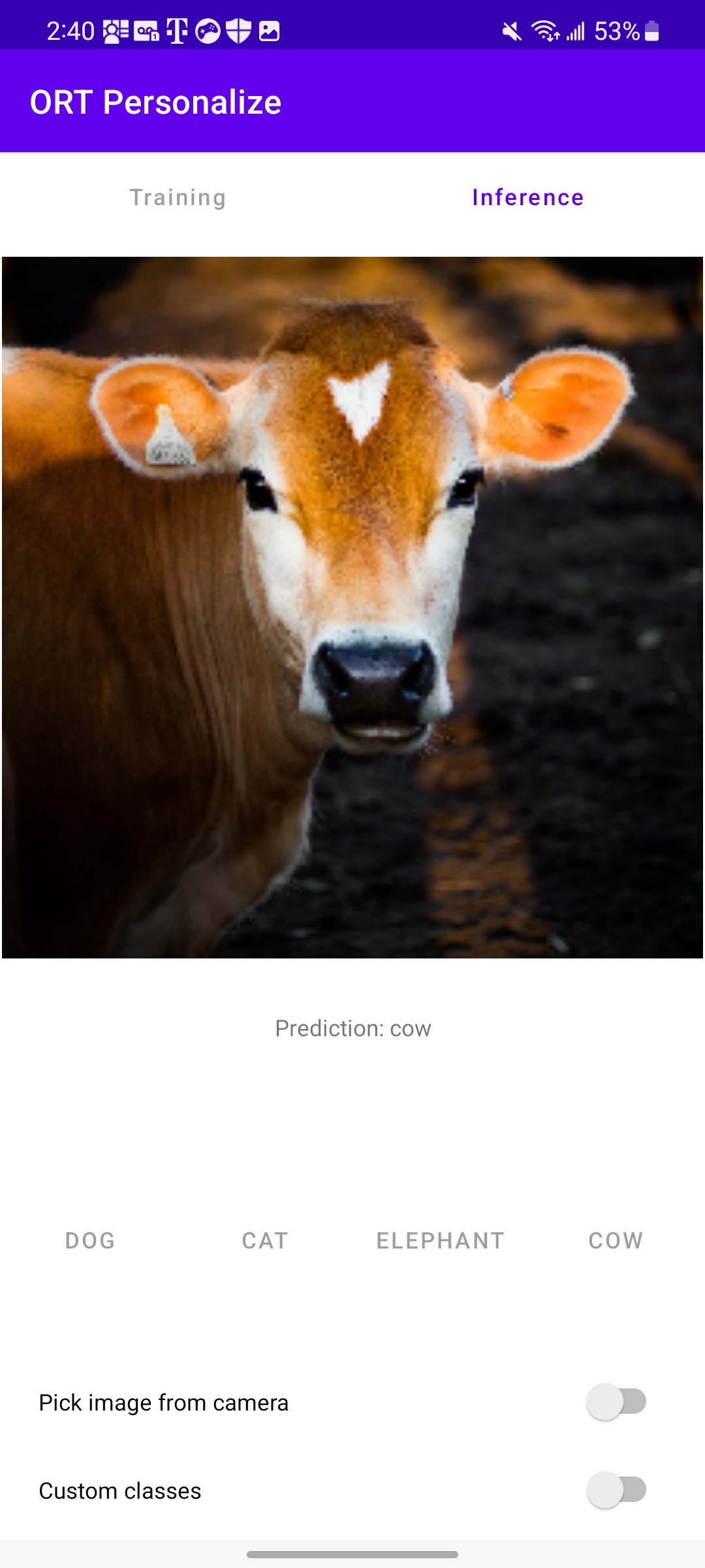 ORT Personalize app with an image of a cow